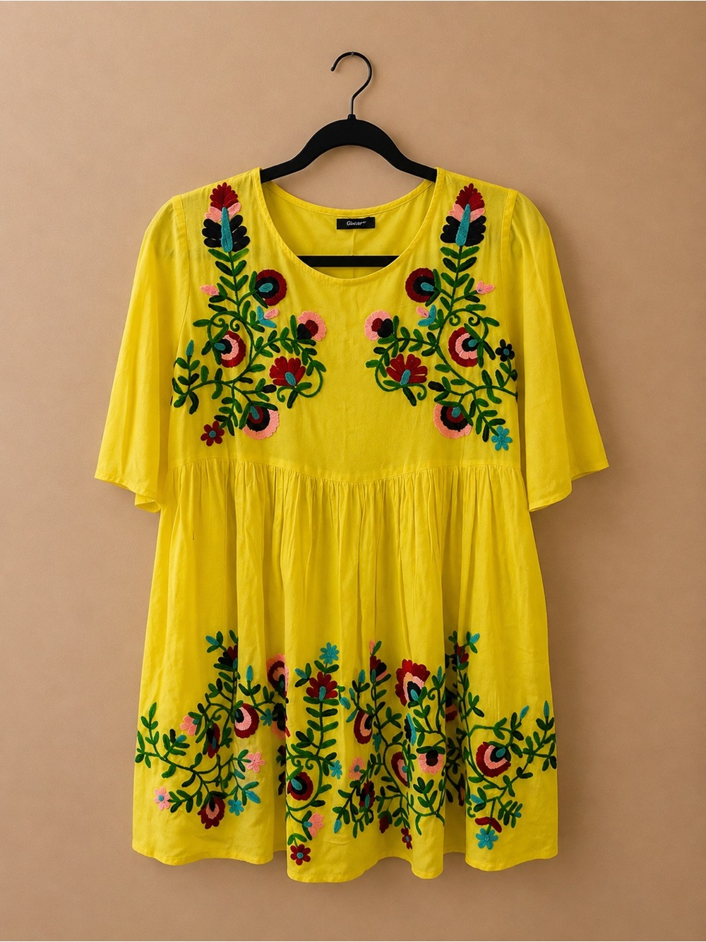 Just Love Yellow Embroidered Floral Tunic Top